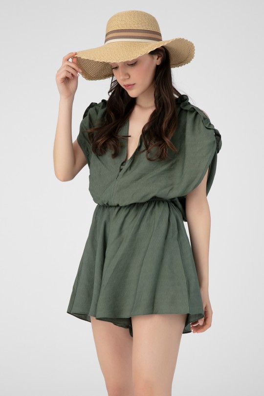 LINEN JUMPSUIT WITH BUST DETAILED SHORTS - 1